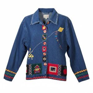 Carrie Allen Denim Jacket Small Embroidered Patchwork 100% Cotton Art Teacher